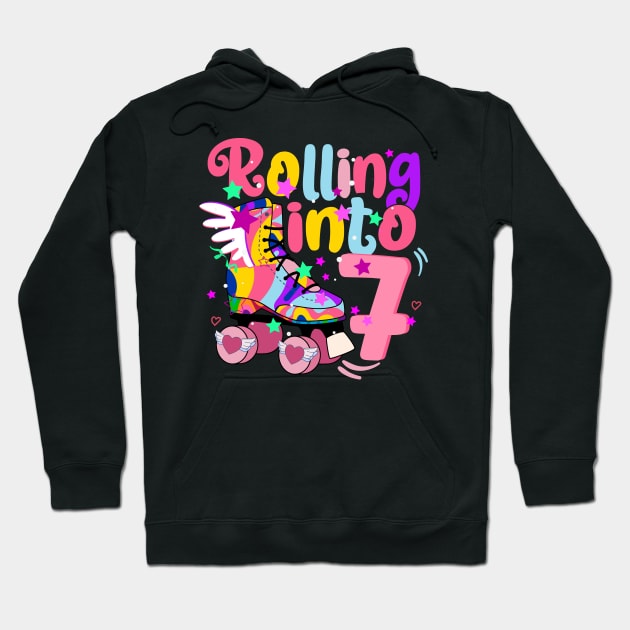 rolling into 7 - 7th birthday girl roller skates theme party Hoodie by savage land 